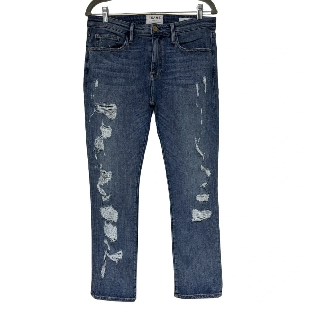 {Frame} "Le Grand Garcon in Fairbanks" Straight Leg Distressed Stretch Jeans - Picture 7 of 7